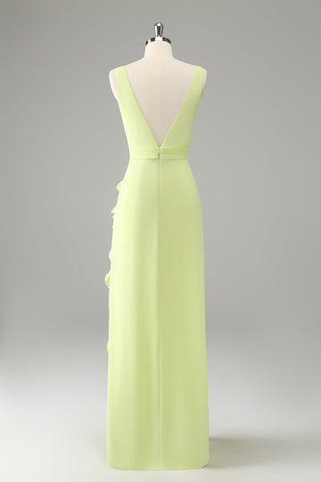 Lime Deep V Neck Ruffles Bryllup Guest kjole med Slit